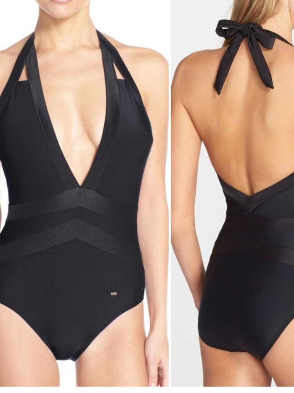 Ted Baker London Ralinda Black Plunge Halter One Piece Swimsuit Size US 6 EUC